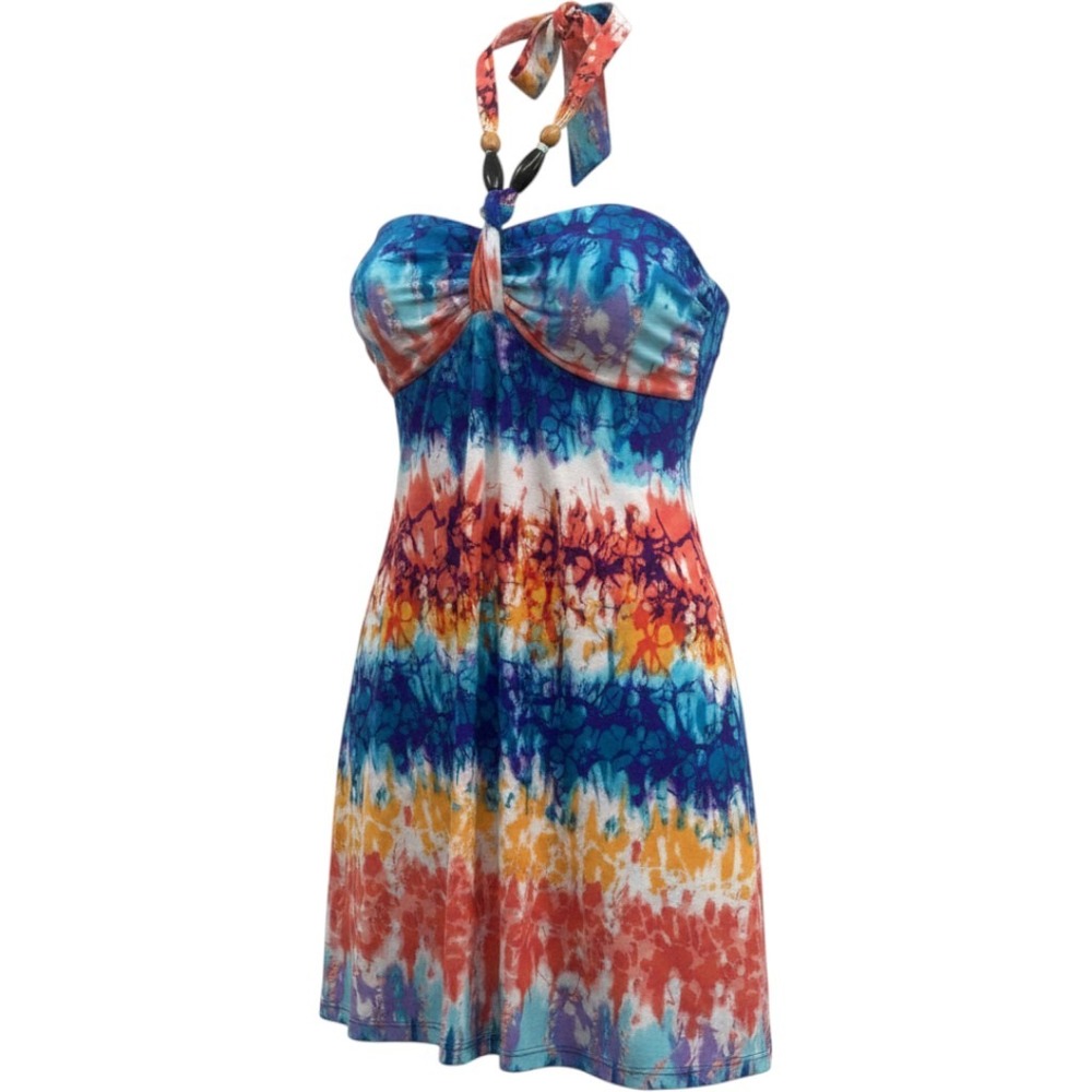 No Boundaries Tie Dye Beachy Y2K Beaded Halter Dress Boho Size L Vacation Cuise